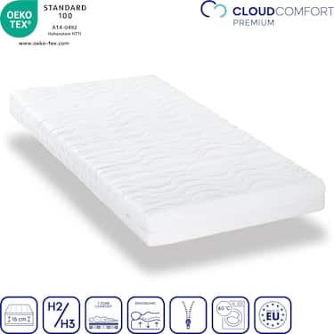 Matelas en mousse froide CloudComfort Premium 90 x 200 cm, hauteur 15 cm, degré de fermeté H2/H3 + oreiller CloudComfort viscoélastique confort 40 x 80 cm