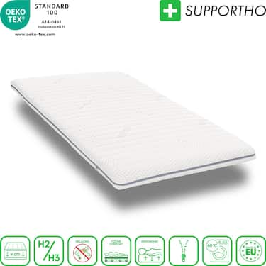 Topper en mousse froide Supportho Premium Topper 80 x 200 cm H3, hauteur 9 cm, degré de fermeté H3 avec housse antibactérienne + oreiller CloudComfort Basic Gel-Flocken 40 x 80 cm