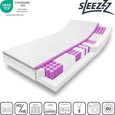 Matelas ergonomique 7 zones à ressorts ensachés Sleezzz Diamond T1000 140 x 200 cm, hauteur 23 cm, degré de fermeté H2/H3, 1000 ressorts/2m².