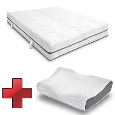 7 zonu viskoelastiskais matracis Sleezzz Smart 120 x 200 cm, augstums 18 cm, cietības līmenis H3 ar gaisa atmiņas putām + Sleezzz Premium ortopēdiskais spilvens ar želejas efektu 32 x 60 cm.