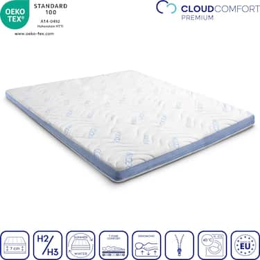 Surmatelas en mousse froide CloudComfort Cool 200 x 200 cm H2/H3, hauteur 7 cm, degré de fermeté H2/H3, surmatelas 7 zones avec face été et hiver