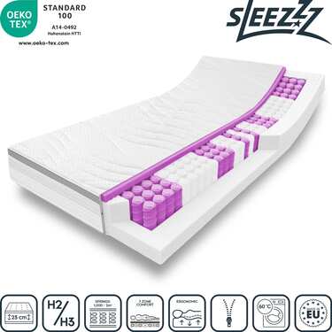 Matelas ergonomique 7 zones à ressorts ensachés Sleezzz Diamond T1000 90 x 200 cm, hauteur 23 cm, degré de fermeté H2/H3, 1000 ressorts/2m² + surmatelas / surmatelas 90 x 200 cm