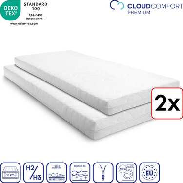 Lot de deux matelas Premium 7 zones 90x200 cm CloudComfort, hauteur 15 cm, degré de fermeté H2/H3, Twin-Set