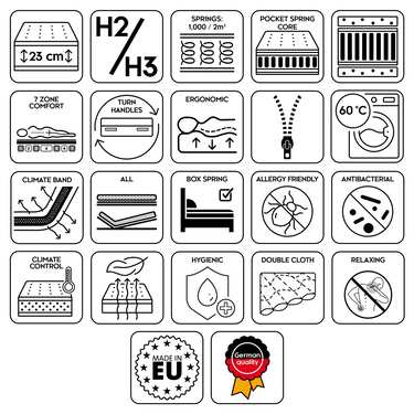 Matelas ergonomique 7 zones à ressorts ensachés Sleezzz Diamond T1000 140 x 200 cm, hauteur 23 cm, degré de fermeté H2/H3, 1000 ressorts/2m².