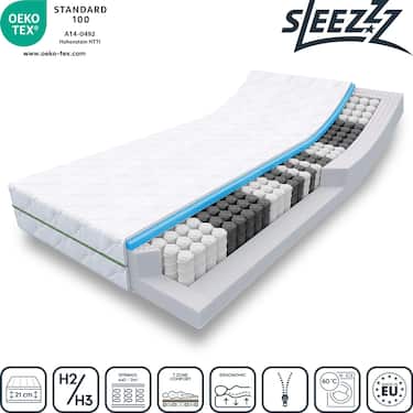 Matelas à ressorts ensachés 7 zones Sleezzz Smart 90 x 200 cm, hauteur 21 cm, degré de fermeté H2/H3 + CloudComfort Basic set de lit en microfibre 135 x 200 cm + 80 x 80 cm
