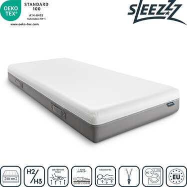 Matelas viscoélastique Sleezzz Premium 90 x 200 cm, hauteur 20 cm, degré de fermeté H2/H3, avec poignées réversibles + surmatelas / surmatelas 90 x 200 cm