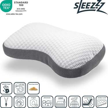 2 oreillers Sleezzz Premium en mousse viscoélastique, forme papillon, 36 x 60 cm, avec housse double en tissu agréable au toucher