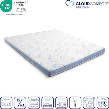 Surmatelas en mousse froide CloudComfort Cool 160 x 200 cm H2/H3, hauteur 7 cm, degré de fermeté H2/H3, surmatelas 7 zones avec face été et face hiver + oreiller Sleezzz® Cool à effet rafraîchissant
