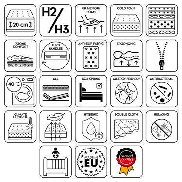 Matelas viscoélastique Sleezzz Premium 90 x 200 cm, hauteur 20 cm, degré de fermeté H2/H3, avec poignées réversibles + surmatelas / surmatelas 90 x 200 cm