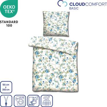 Dubbelförpackning CloudComfort Basic mikrofiber-sängkläder blå blommor 135 x 200 + 80 x 80 cm