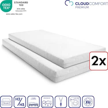 Lot de deux matelas Premium 7 zones 80x200 cm CloudComfort, hauteur 15 cm, degré de fermeté H2/H3, Twin-Set