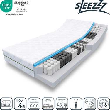 Matelas à ressorts ensachés 7 zones Sleezzz Smart 90 x 200 cm, hauteur 21 cm, degré de fermeté H2/H3 + surmatelas / surmatelas 90 x 200 cm