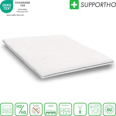 Topper en mousse froide Supportho Premium Topper 200 x 200 cm H3, hauteur 9 cm, degré de fermeté H3 avec housse antibactérienne