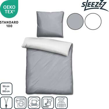 Lot de 2 draps réversibles Sleezzz® Renforcé gris clair/blanc 135 x 200 + 80 x 80 cm