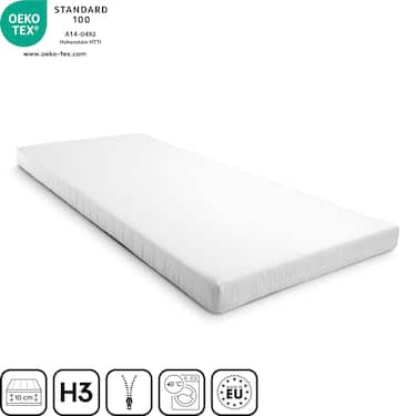 Matelas mousse confort K10 90 x 200 cm, hauteur 10 cm, degré de fermeté H3 + CloudComfort Basic set de lit en microfibre 135 x 200 cm + 80 x 80 cm