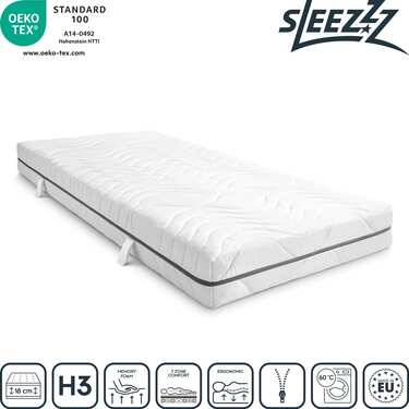 Matelas viscoélastique 7 zones Sleezzz Smart 90 x 200 cm, hauteur 18 cm, degré de fermeté H3 avec mousse à mémoire de forme Air + oreiller CloudComfort Basic gel-flocons 40x80 cm